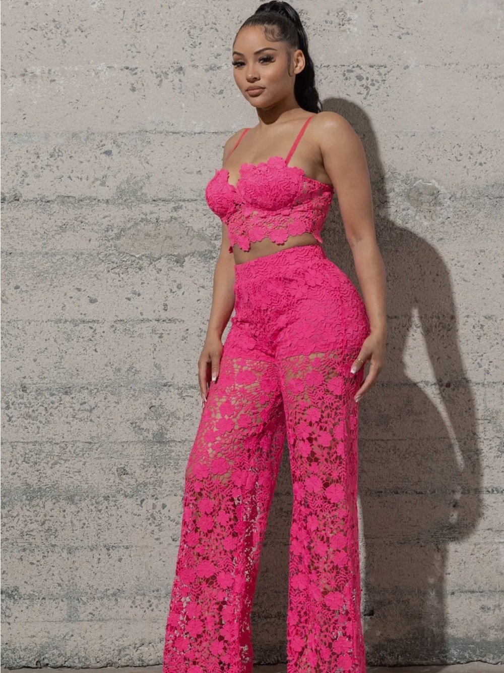 Lace Wide-Leg Pant Set in Hot Pink